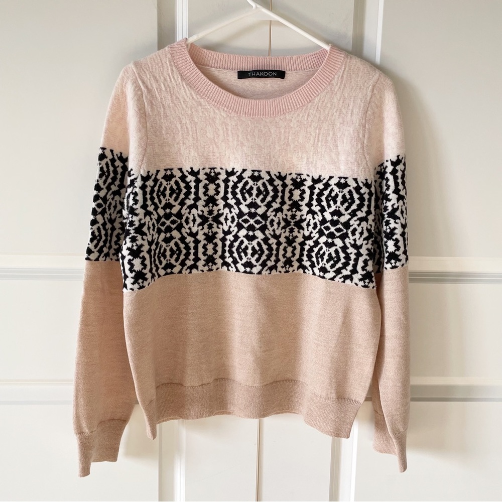 Thakoon Pink and Black Mixed Media Wool Sweater Size Large